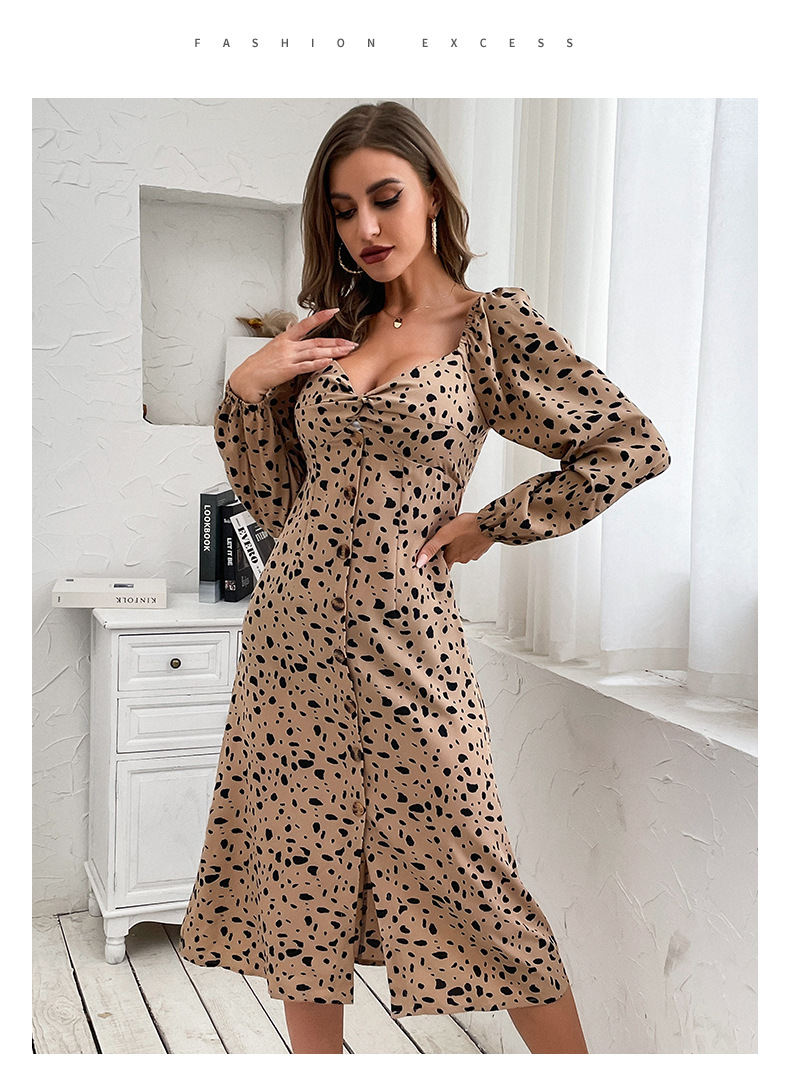 Leopard Print V-Neck Long-Sleeved Slit Dress NSYYF106525