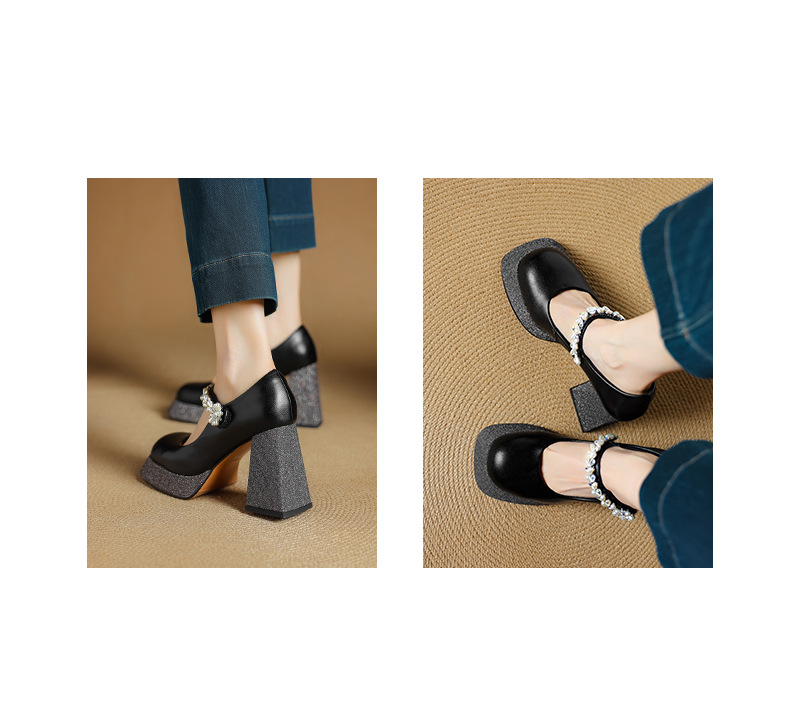 Giày Mary Jane cao gót nữ mũi vuông đính đá quai ngang đế dày platform gót thô 9 cm — Màu đen, Màu trắng be chi tiết 18