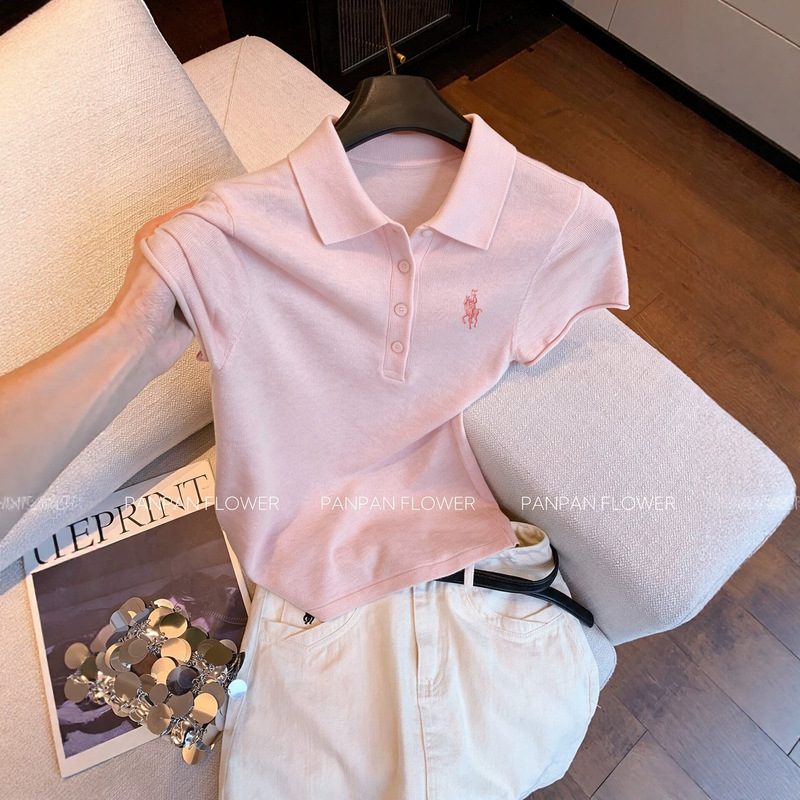 Pony embroidery vibrant pink POLO collar short-sleeve knit top for women, unique and super stylish for summer, can be worn alone as a top Pony embroidery vibrant pink POLO collar short-sleeve knit top for women, unique and super stylish for summer, can be worn alone as a top