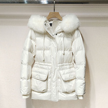 1件起批2025冬女装 Q166003E显瘦连帽毛领收腰中长羽绒服S241137