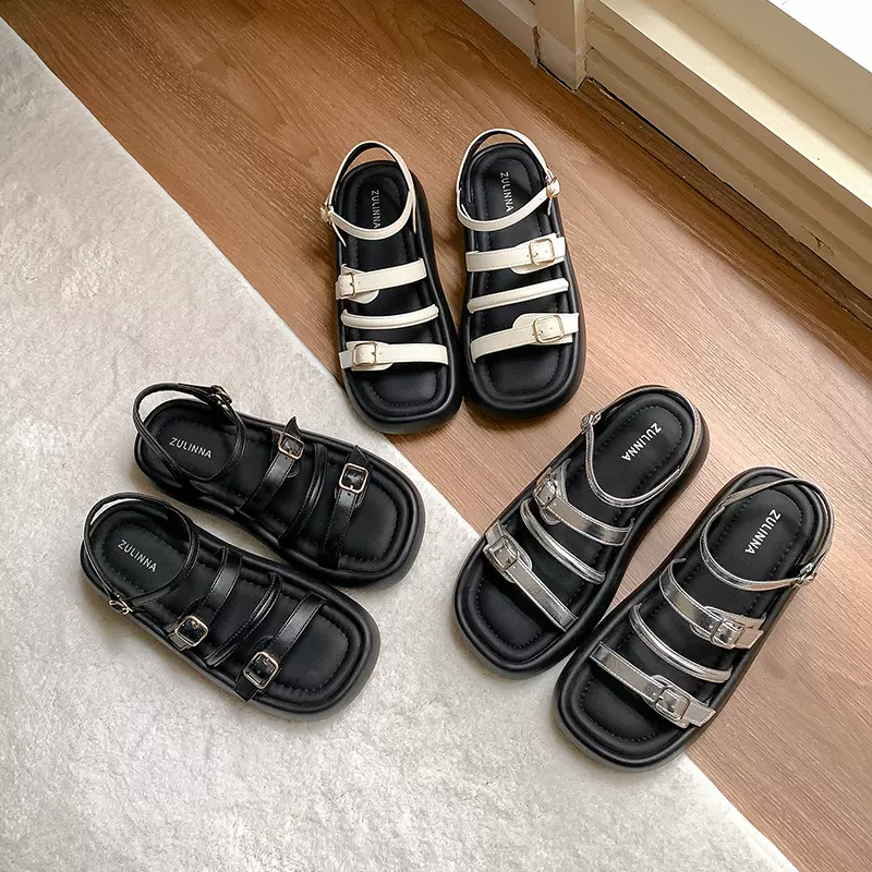 2025夏季新款厚底一字带凉鞋女外穿高级感搭扣时尚软底百搭女鞋