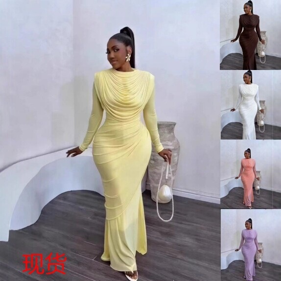 2026 New European and American Cross-Border Elegant Pleated Slim-Fit Long-Sleeve Dress for Women, Stylish Bodycon Long Dress in Solid Color