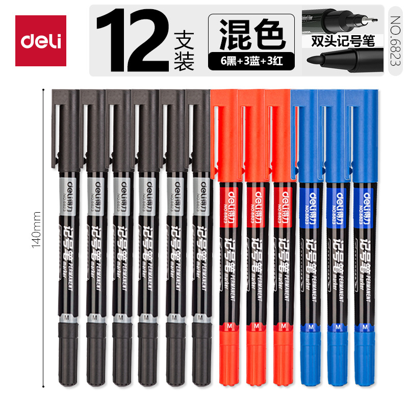 DeLi6824 pequeño marcador de dos cabezas rojo, azul y negro, pluma de pintura, pluma de gancho de línea, pluma de marca de logística expreso, 12 plumas