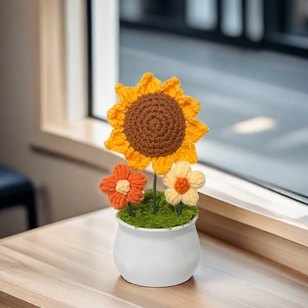 Bolsa de material de bricolaje de flores de girasol, flor tejida a mano, botella blanca pequeña, planta en maceta de punto, decoración de escritorio terminada