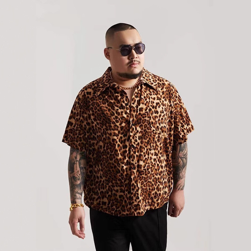 Fat Man's Plus Size Handsome Street Leopard Print Short-Sleeved Shirt for Men and Women in Summer Niche Design Bf Loose Cardigan Shirt
