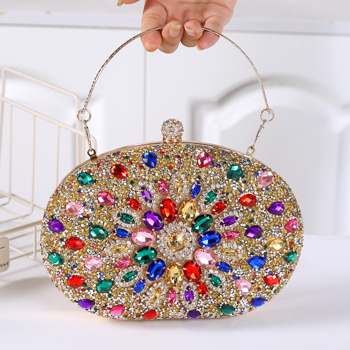337g Weight Polyester Lining Material Lock clasp Closure Type Top Handle Strap Type Evening Bag Bags Type Party Occasion Pu Leather Material Printing Pattern All Seasons Season Women's Gender Diamond Design Elegant Style Oval Shape Small Size Pu Leather Printing Oval Evening Bags 21