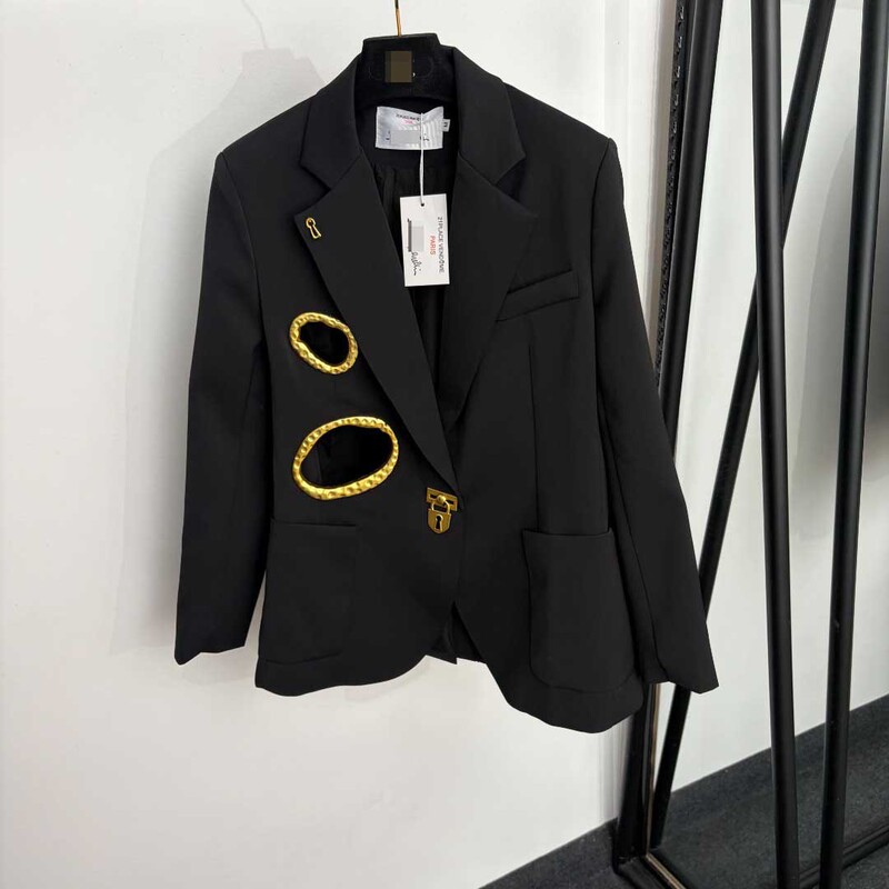 Nanyou High-end Foreign Trade Elegant Women's New Fashion Versatile Gold Buckle Metal Hollow Long Sleeve Blazer