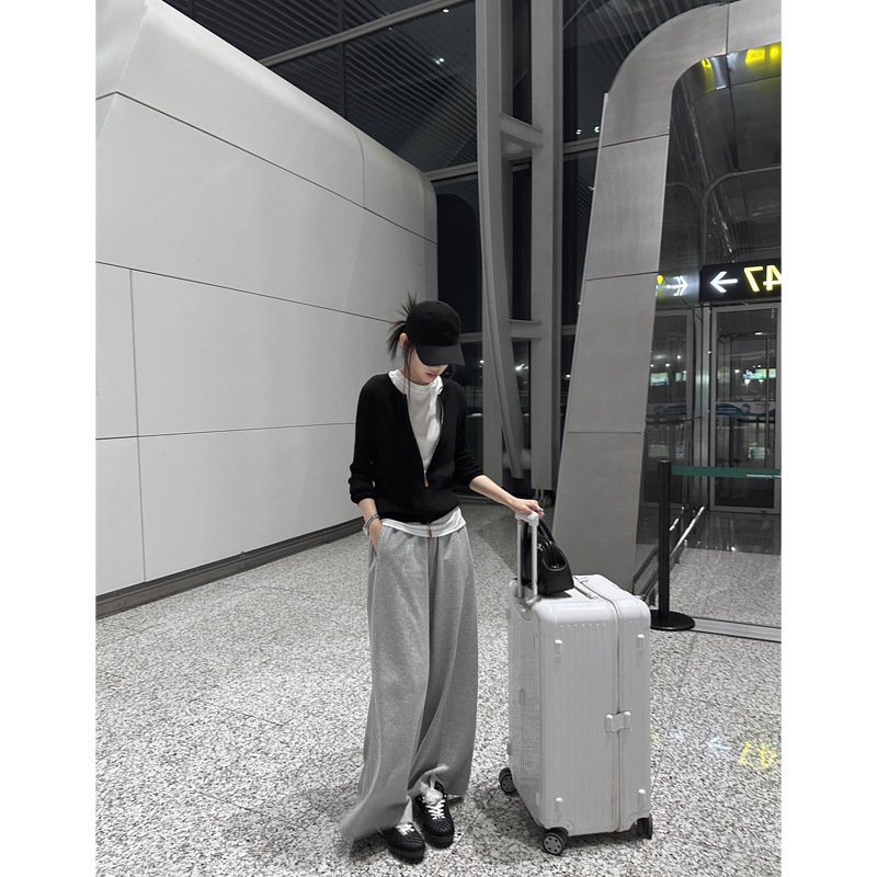 5werkwen 松弛老钱 复古皮牌拉链宽松针织开衫春夏黑色小外套女|undefined