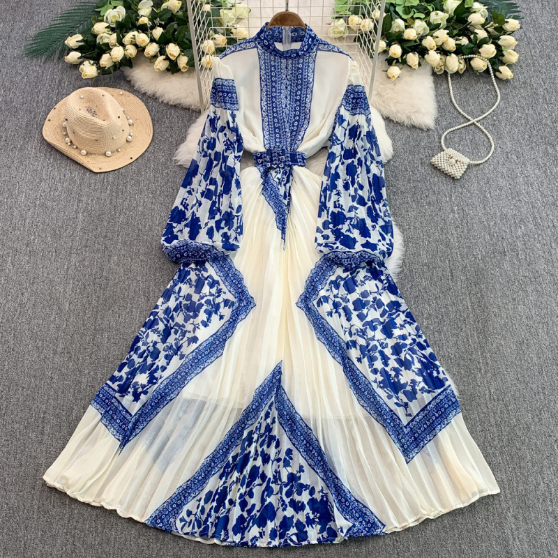 Retro Women's Printed Dress Stand Collar Lantern Sleeve Slim Waist Pleated Long Skirt For Summer New Fashion_voghion.com