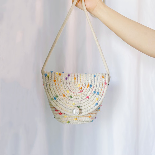 新款时尚彩色简约洋气百搭斜挎包小清新珍珠翻盖斜挎棉绳小手机包