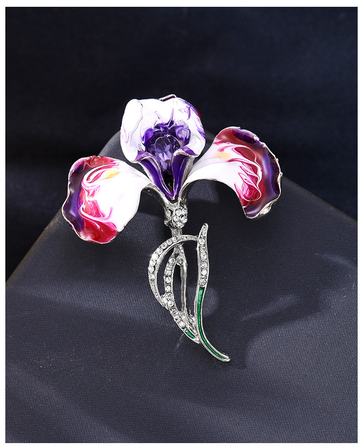 Retro Chinese-Style Iris Flower Brooch with Enamel and Oil-Drip Rhinestones, Elegant Floral Brooch, Suit Jacket Accessory