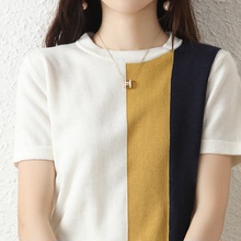 棉线针织衫短袖t恤女2022春夏韩版新款拼色宽松打底半袖上衣薄款