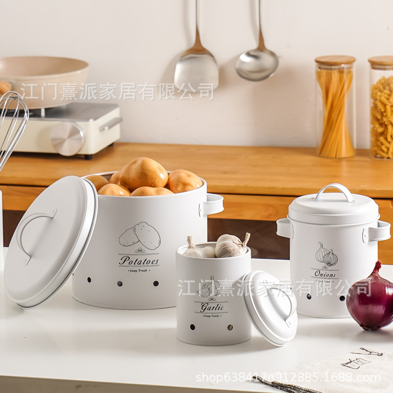 Barril de patata transfronteriza cebolla ajo contenedor de almacenamiento conjunto de cocina caja de almacenamiento de frutas y verduras patata metal permeable a la atmósfera