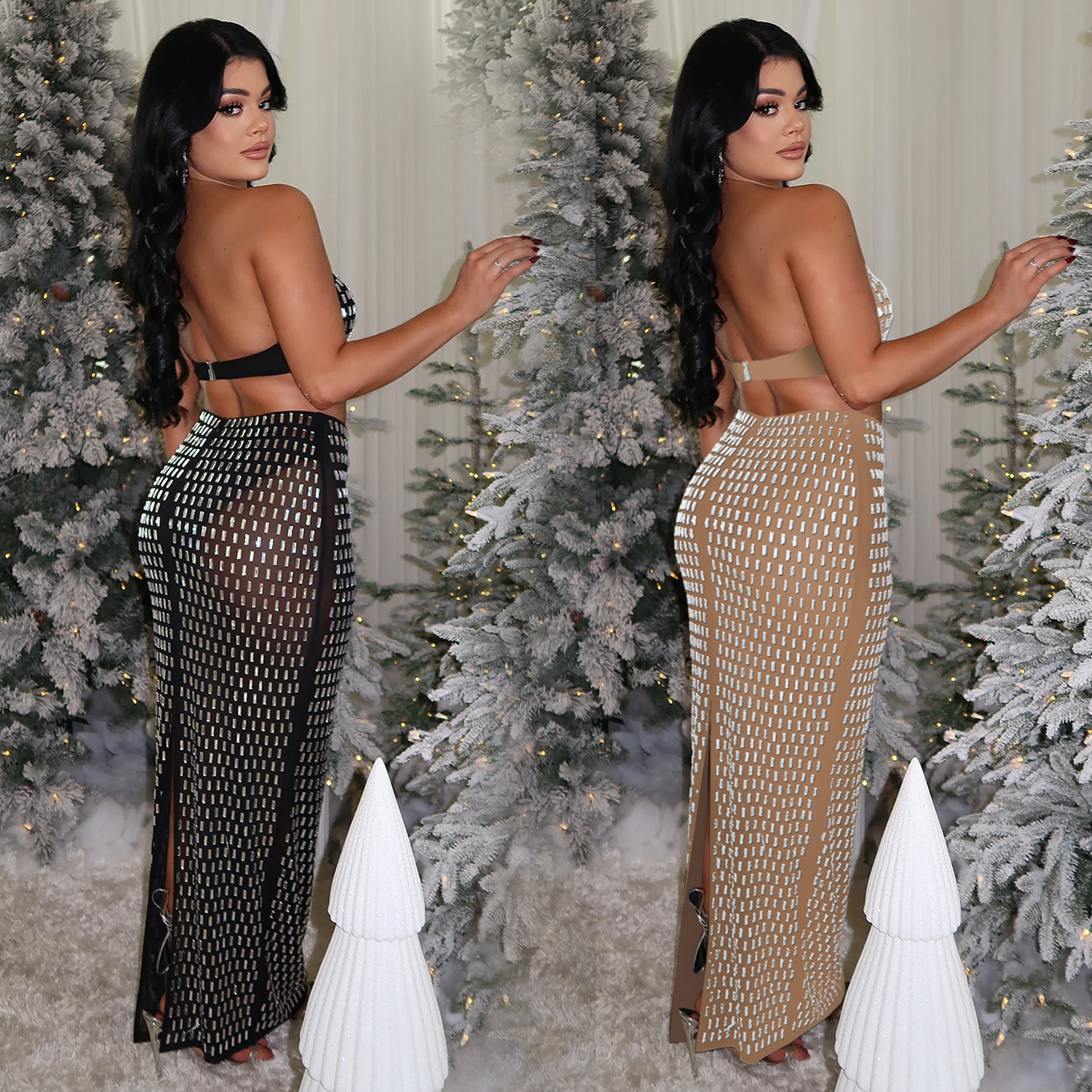 C7222 Cross-border AliExpress Amazon Ropa de mujer de moda europea y americana Traje de tubo sexy Paquete de diamantes calientes Falda de cadera de dos piezas