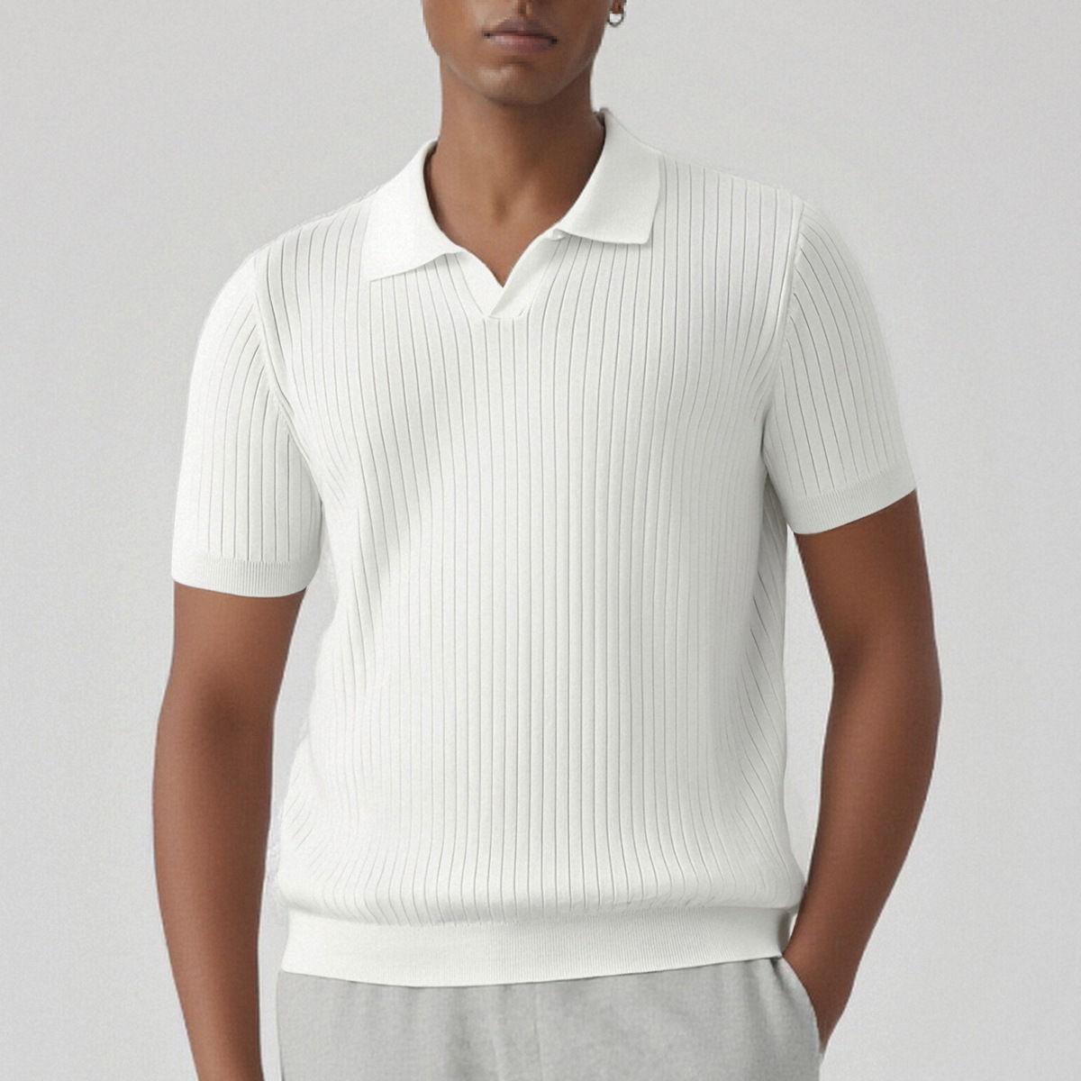 Camiseta Polo de Punto Jacquard con Cuello en V Estilo Americano para Hombre, Cuello Retro de Gaviota, Manga Corta, Modelo E75010