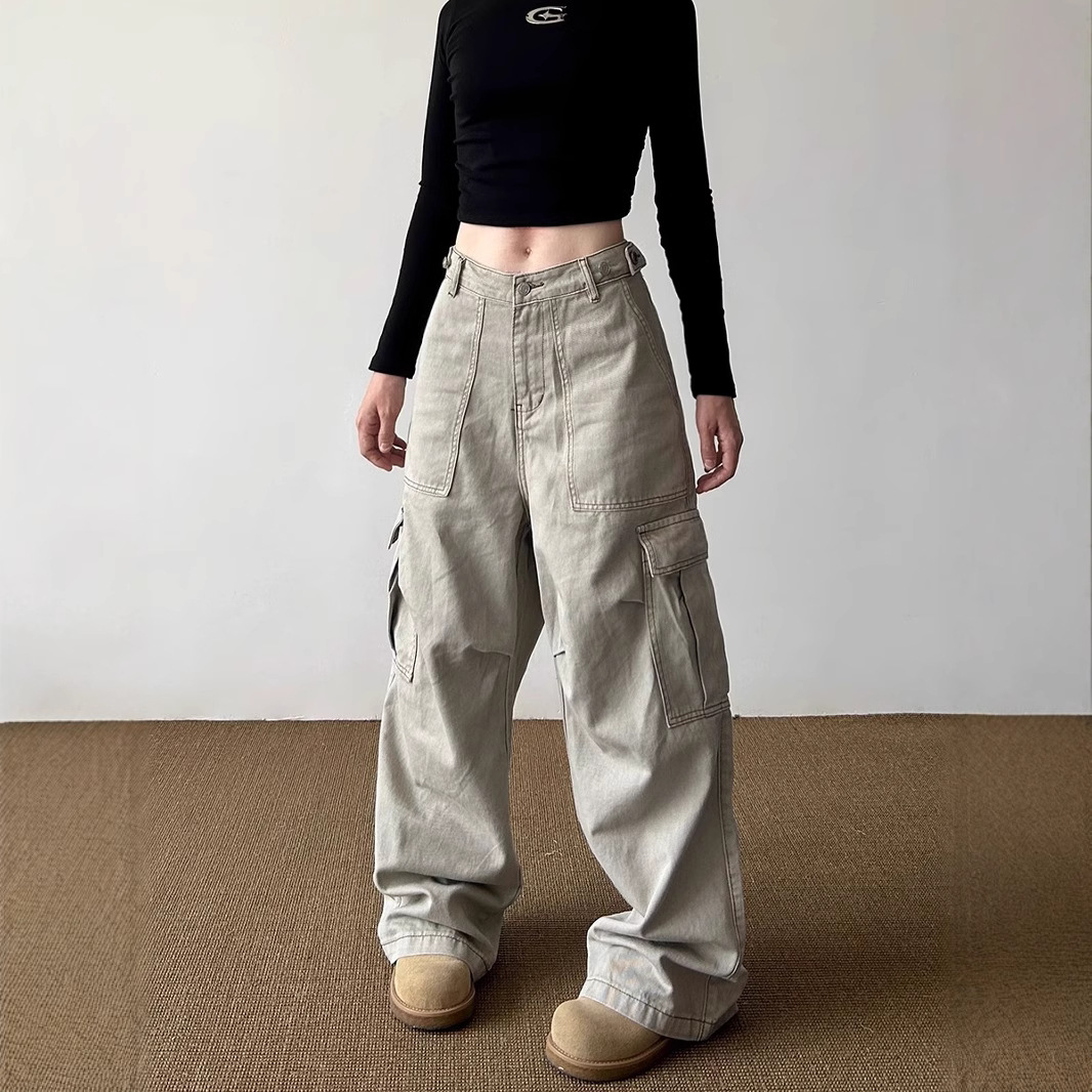 plus size American Style Retro Design Sense Large Pocket Cargo Pants Women's Design Sense Street Loose All-match Straight Pants Trendy