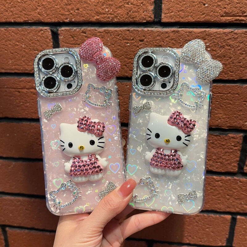 Shell pattern case suitable for Apple 17 Pro Max, sparkling diamond 13 Pro, 3D KT cat iPhone 15/16 Pro phone case