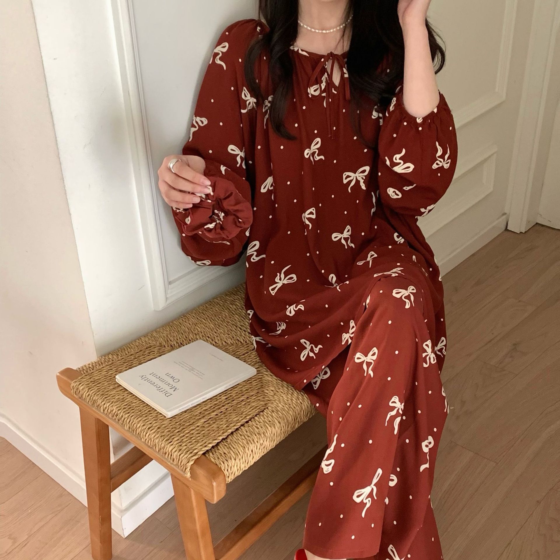 [Traje de casa de bolsillo] Pijamas de seda de algodón de primavera y verano, mangas de linterna de estilo nacional femenino, pantalones de manga larga de algodón, servicio a domicilio