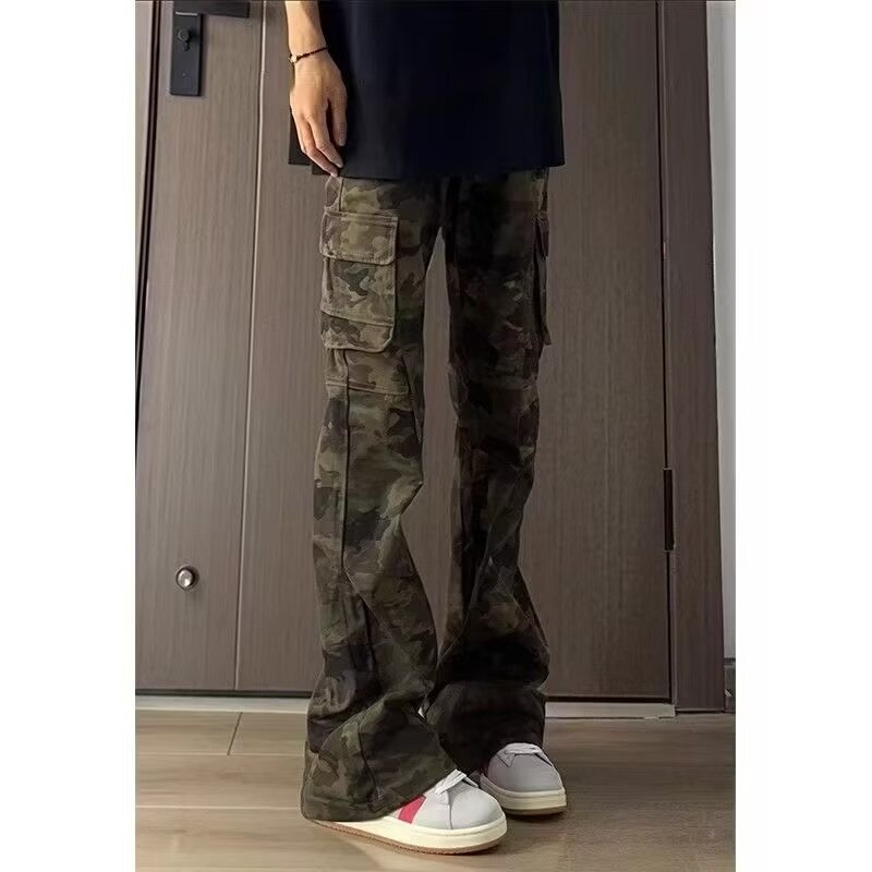 American-Style Camouflage Multi-Pocket Workwear Jeans for Men, New High-Street Hip-Hop Slim-Fit Flared Pants
