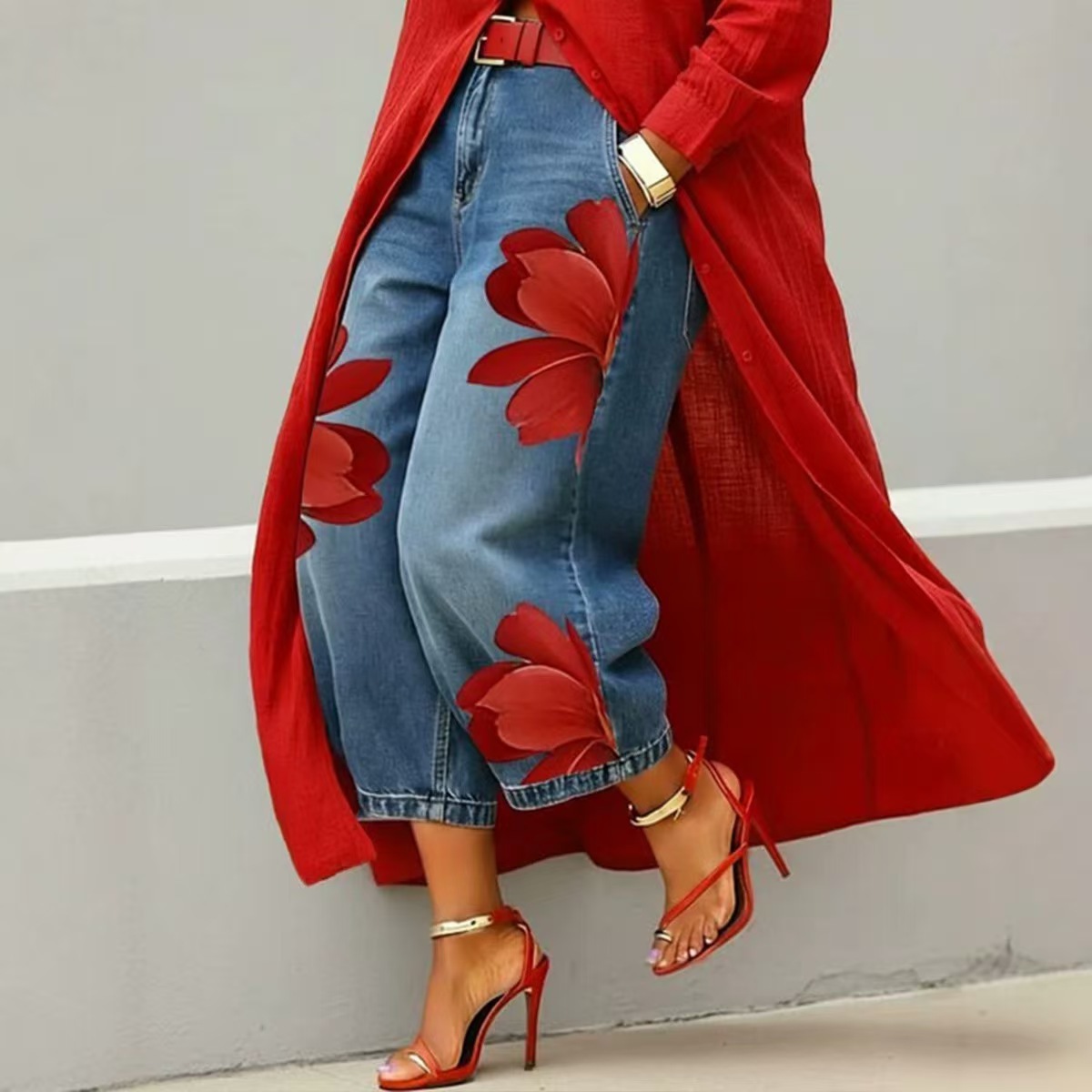 2026 European and American Cross-Border New Product Amazon Imitation Denim Printed Loose Jeans Fashionable Floral Wide-Leg Pants for Women