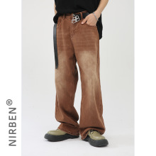 nirben牛仔|   复古棕色水洗牛仔裤韩版显瘦宽松直筒休闲阔腿裤子