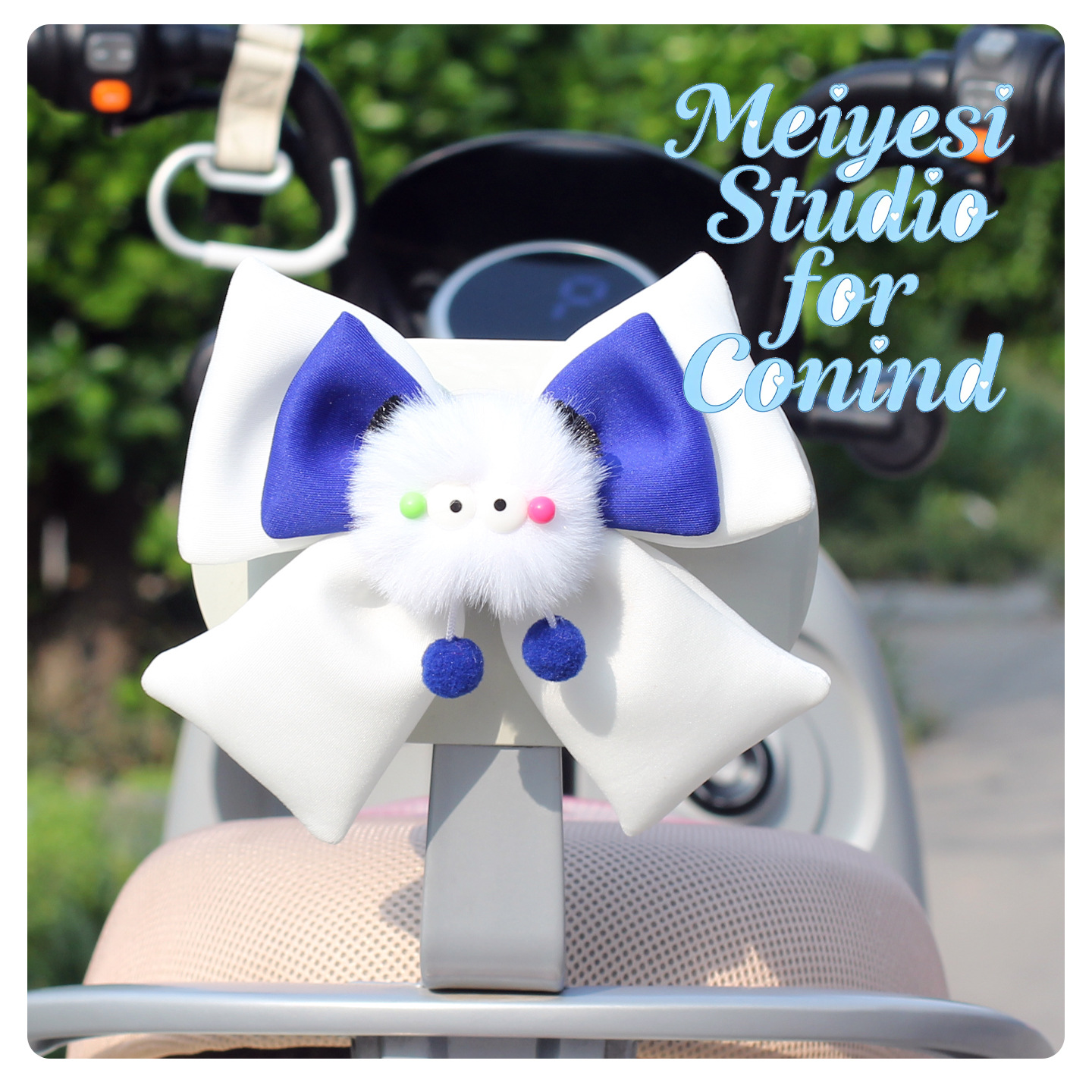 Auto eléctrico motorcicleta cabeza asiento trasero decoración arco lindo trenza monstruo coche eléctrico adornos asiento trasero pegatinas traseras