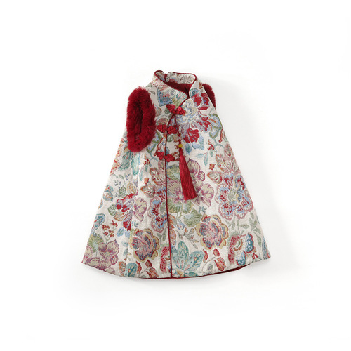 Thick national style 2025 girls 'cotton clothes New Year's clothes, cotton dress, red warm holiday children's dress