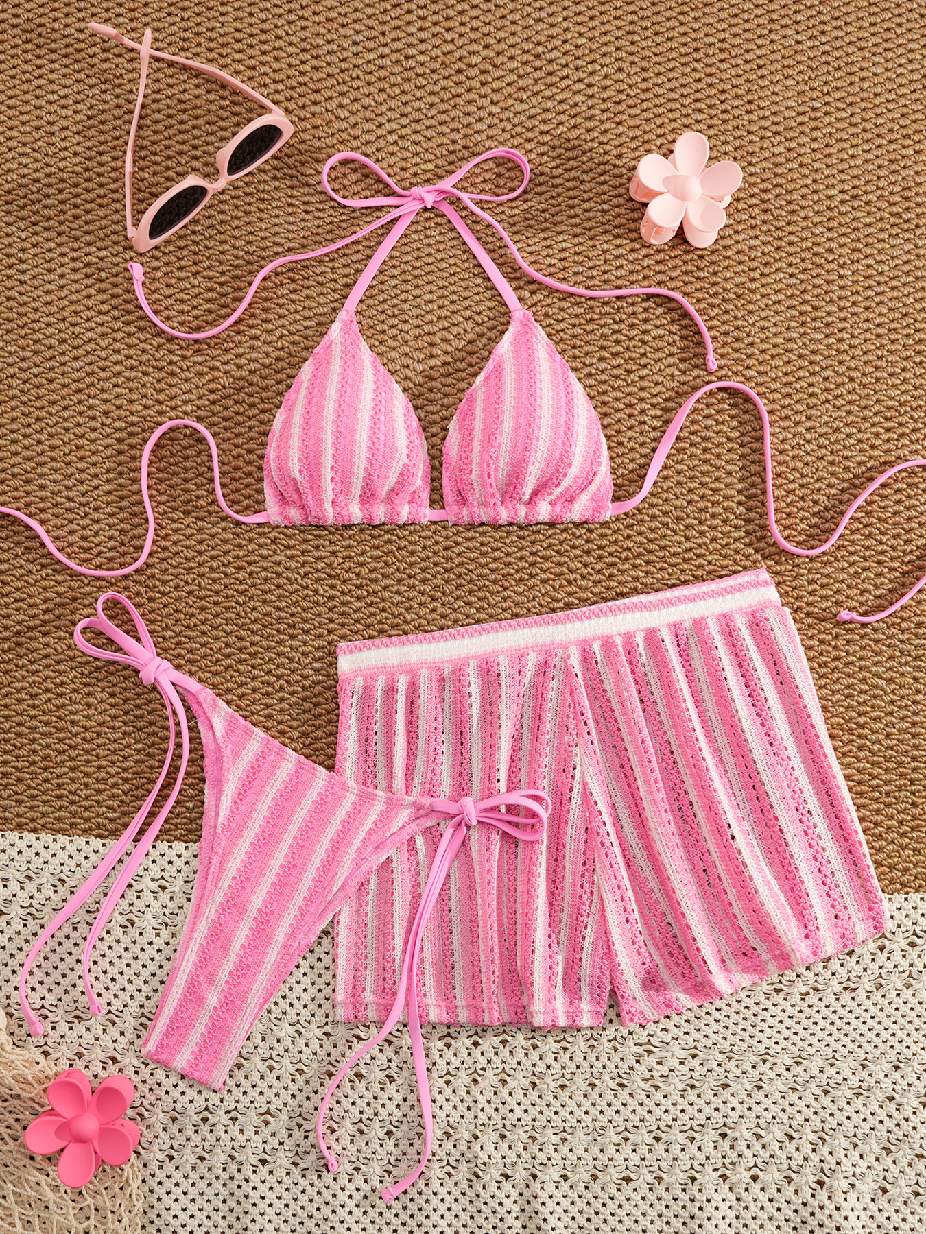 Transfronterizo de punto de malla a rayas split pantalones de baño femenino trenzado bikini bohemio de tres piezas