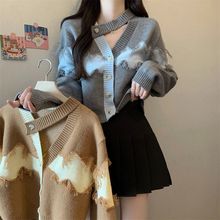 大码女装秋季新款胖妹妹设计感小众领长袖拼接针织开衫毛衣