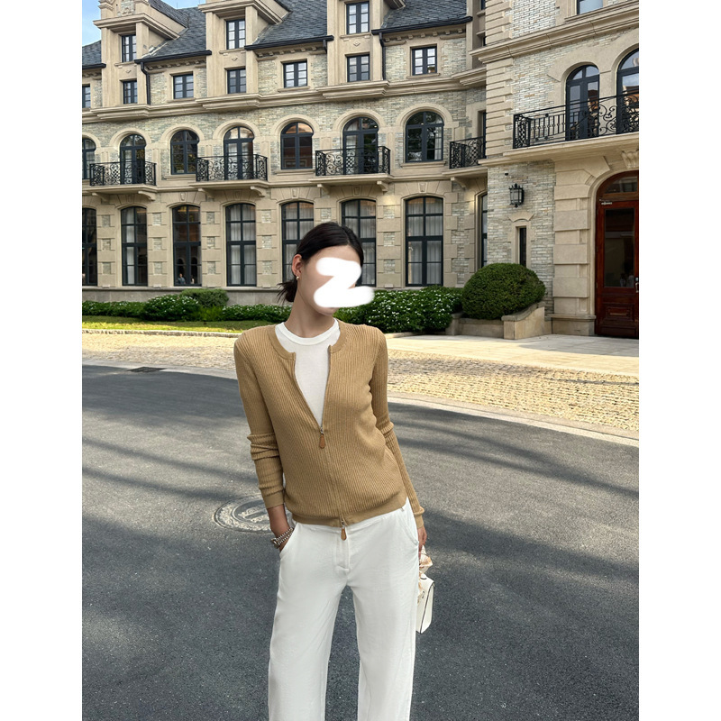 5werkwen 松弛老钱 复古皮牌拉链宽松针织开衫春夏黑色小外套女|undefined