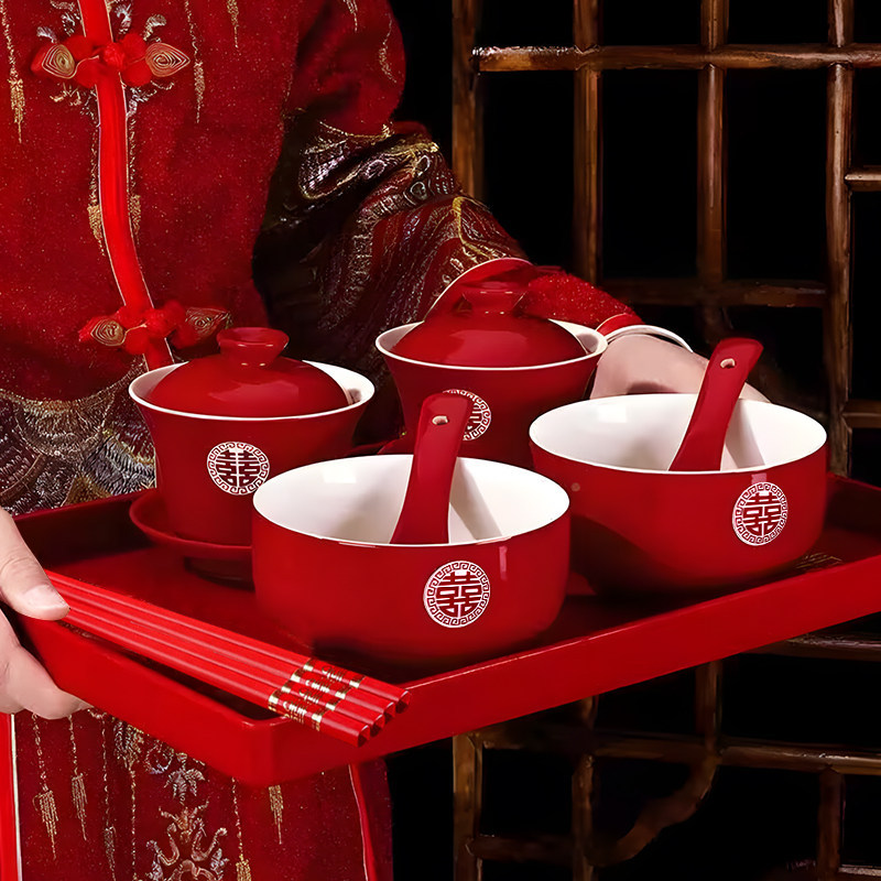 结婚中式喜碗筷新人改口敬茶杯茶具婚礼对碗套装婚庆用品大全