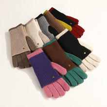 秋冬季拼色针织羊毛手套女士骑车防风加厚露指毛线保暖长短两用款
