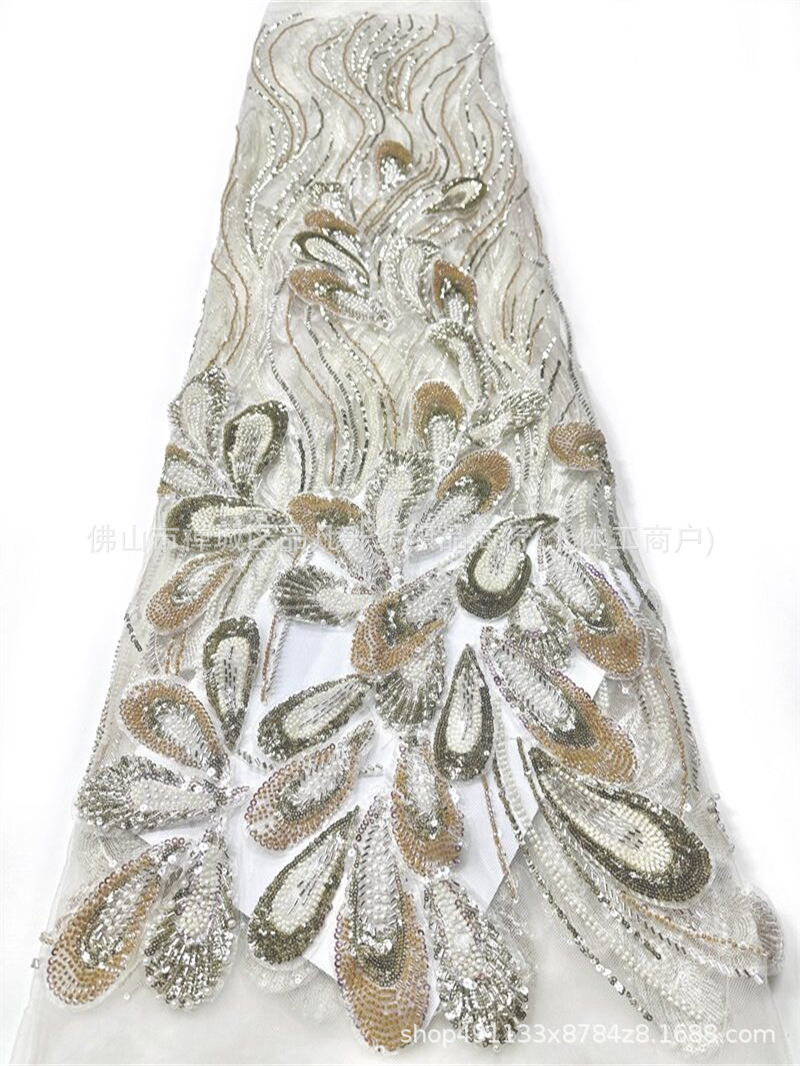 Peacock pluma bordada a mano tela de malla de perlas tamaño de perla pieza de tubo mezcla costura ligera de lujo banquete anfitrión vestido de tela image 6
