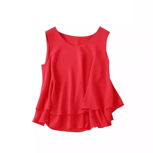 Women's round neck two-layer chiffon camisole with spaghetti straps, loose outerwear, sleeveless top, white basic shirt for summer