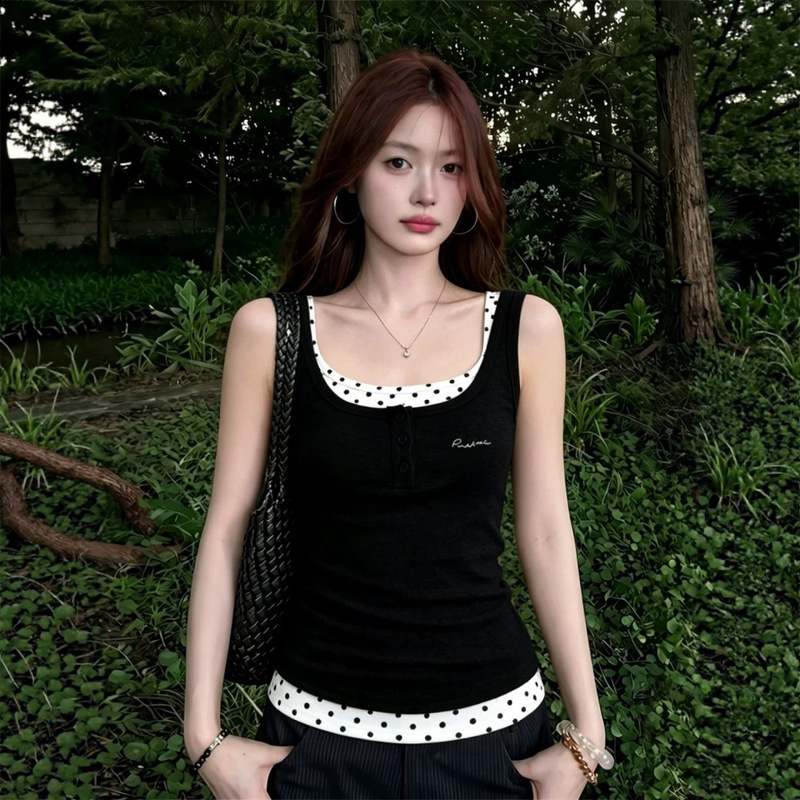 【260g Rayon Modal】Polka Dot Contrast Color Embroidered Faux Two-Piece Camisole Women's Summer Slim-Fit Top