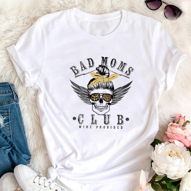 Moms Club Mother's Day T-shirt independent station European and American cross-border round neck pullover short sleeve casual foreign trade T-shirt Moms Club Mother's Day T-shirt independent station European and American cross-border round neck pullover short sleeve casual foreign trade T-shirt