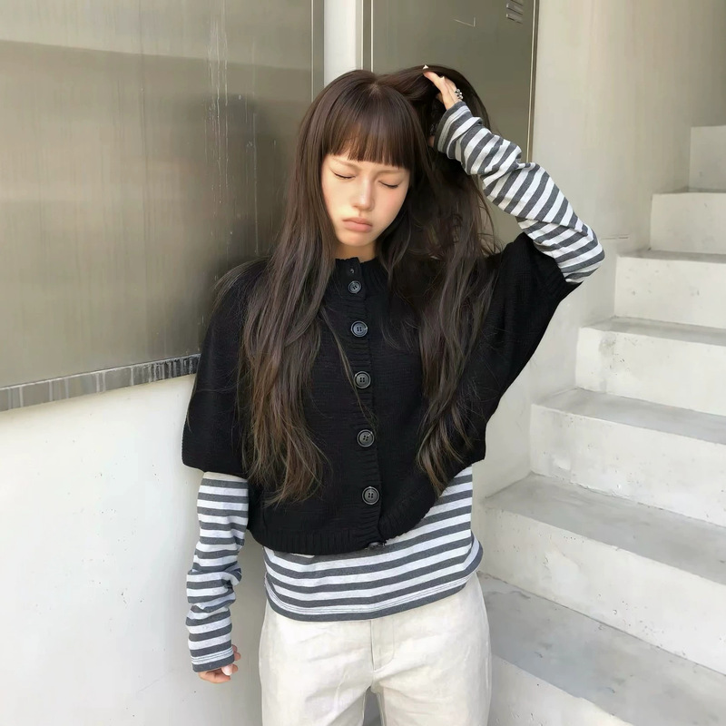 Xh Korean-Style Batwing Sleeve Knit Cardigan/Buttoned Half-High Collar Long-Sleeve T-Shirt Dongdaemun Autumn New Set Xh Korean-Style Batwing Sleeve Knit Cardigan/Buttoned Half-High Collar Long-Sleeve T-Shirt Dongdaemun Autumn New Set