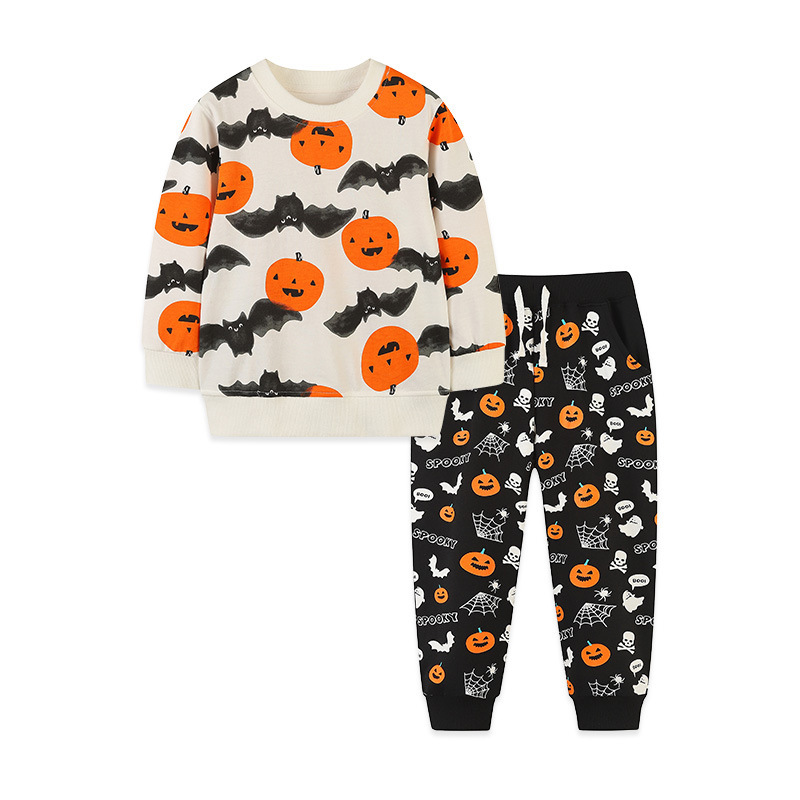 秋のクロスボーダーサプライボーイズ長袖スーツヨーロッパとアメリカンスタイルのハロウィンカボチャプリントニットコットンパンツ2点セット|undefined