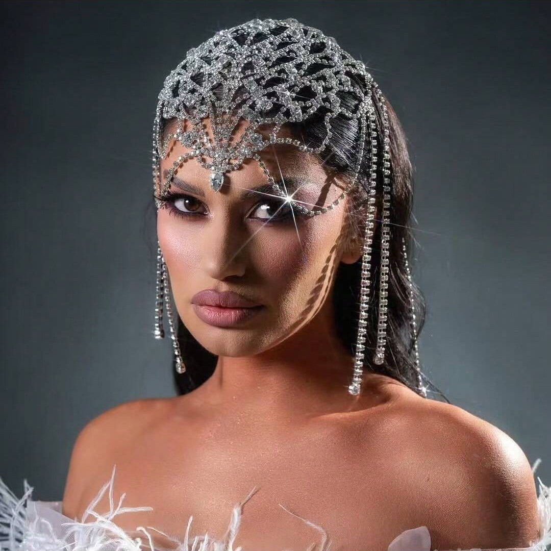 European and American Fashion Bridal Wedding Dress Princess Tassel Headpiece Luxurious High-End Rhinestone Hair Chain Hair Net