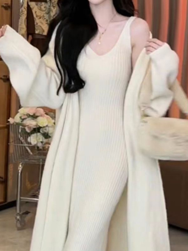 一整套早秋穿搭针织开衫外套秋冬吊带背心裙毛衣裙两件套装连衣裙|undefined