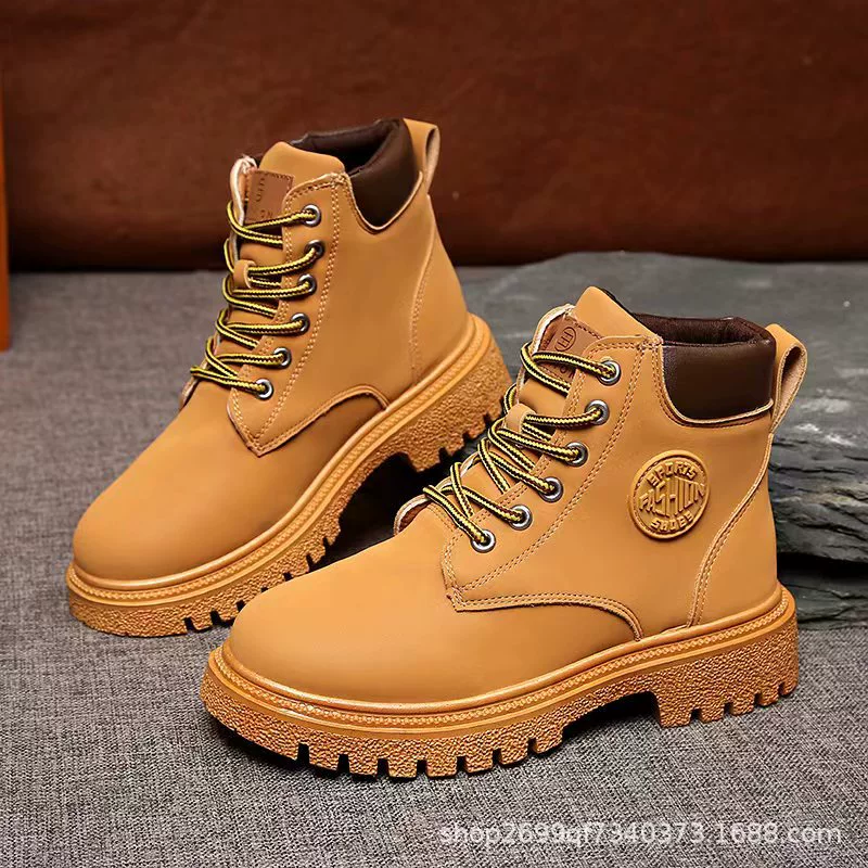 Ботинки (Martens) мужские износостойкие для досуга, коричневые без меха или жёлтые с флисом, 38–45