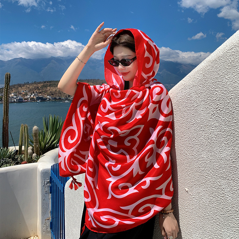 2023 estilo étnico rojo impreso viaje gran bufanda algodón y lino sensación Toalla de Playa Mujeres protector solar a prueba de sol chal largo