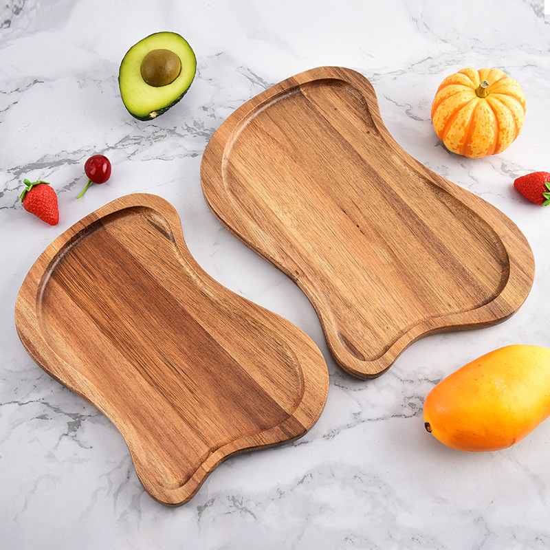Acacia madera irregular platos de madera madera sólida creativa tazas de té de bocadillos platos de madera café bandeja de madera larga forma especial