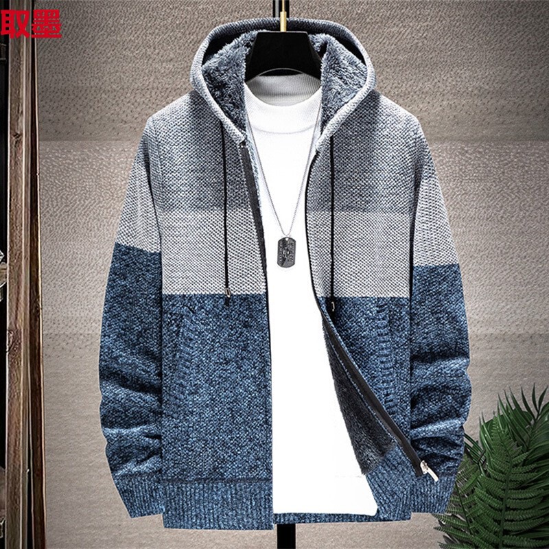 Autumn and winter warm men's jacket men's Korean zipper hooded men's knitted cardigan fleece-lined thick top coat Autumn and winter warm men's jacket men's Korean zipper hooded men's knitted cardigan fleece-lined thick top coat