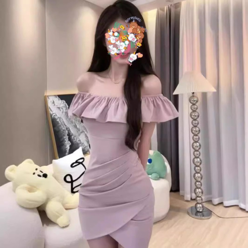 Summer Pure Desire Lotus Edge One-Shoulder Dress for Women, Hot Girl, Shoulder-Strapless, Asymmetrical, Fitted, Slimming, Bustier Mini Skirt