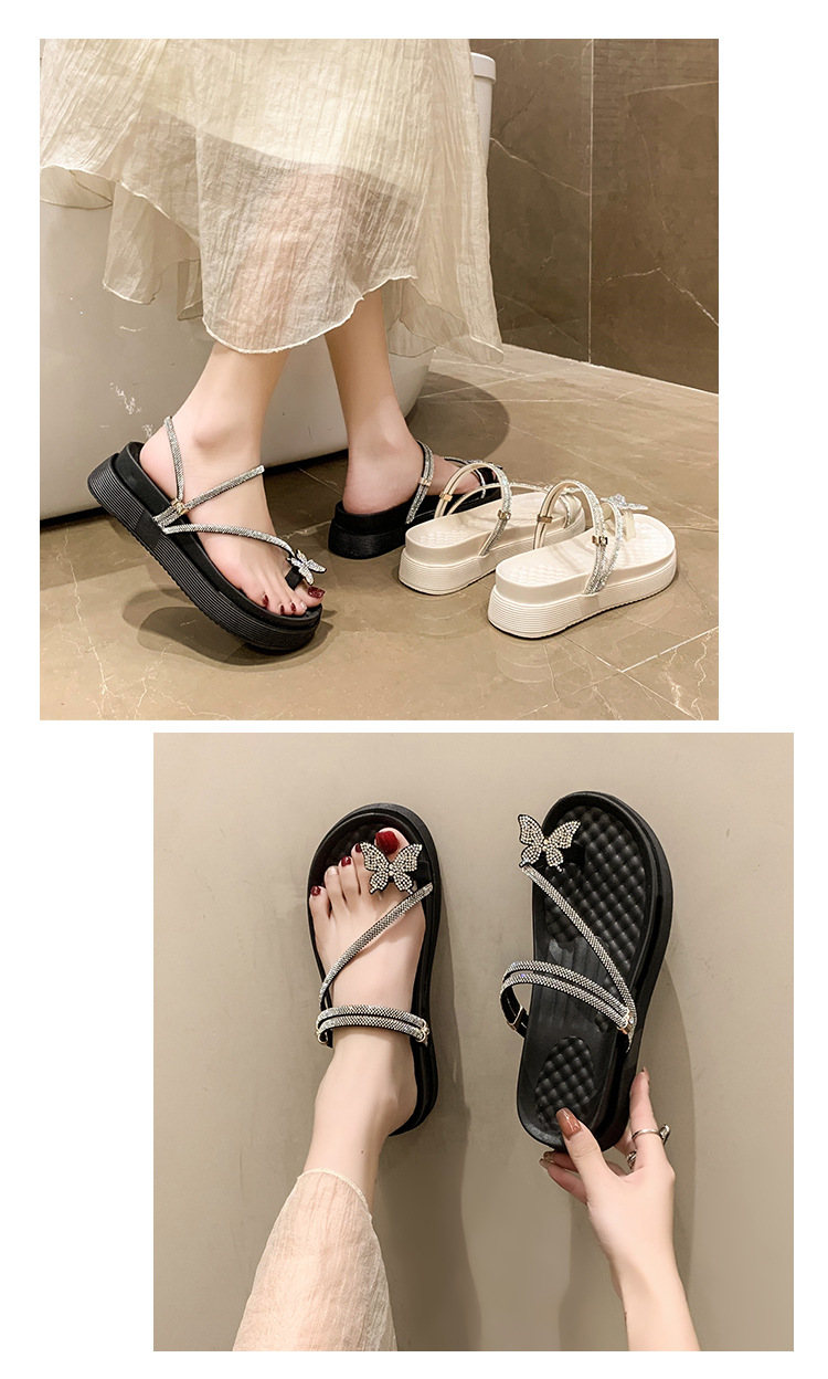 Fairy Cool for Women 2024 New Summer Water Diamond Set Beach Shoes with Pinched Toe Cake Thick Sole Herringbone Slippers_voghion.com