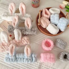 可爱兔耳朵洗脸束发带女毛绒吸水手腕带敷面膜洗漱防湿神器三件套