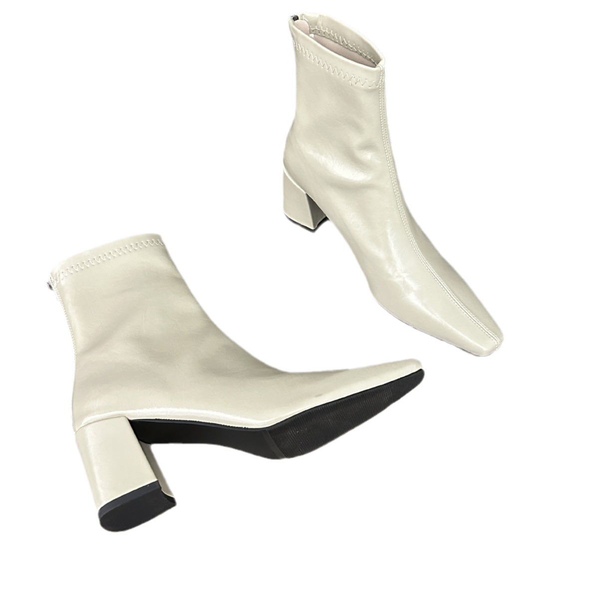 ShoeVault Korean Style Minimalist Soft Leather Stretch Slim Bare Square Toe Chunky High Heel Short Slimming Height Increasing_vogvips.com