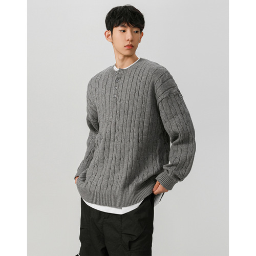 Henry Long-Sleeve Knit Sweater Men's Cable Knit Spring and Autumn Base Shirt Outerwear Casual Business Foreign Trade Cross-Border Wholesale