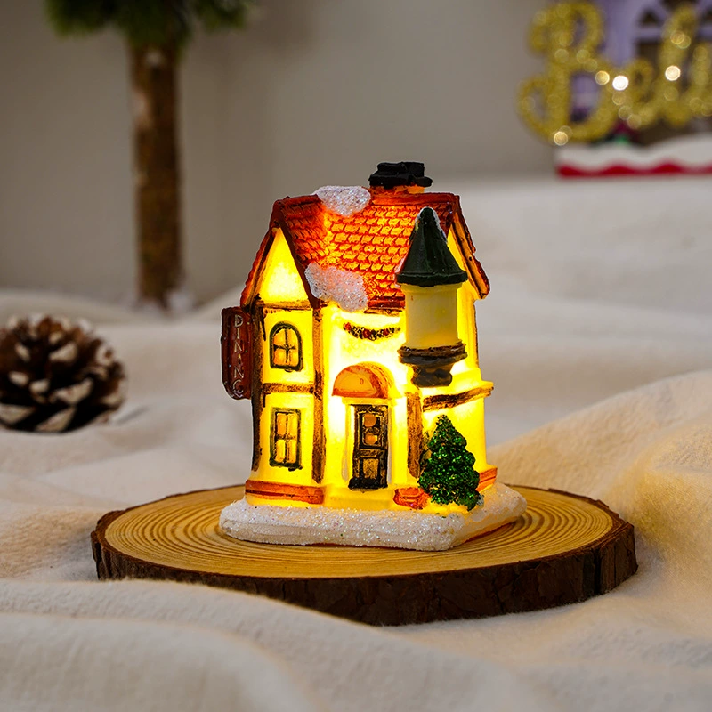 Miniature resin house decorations, micro landscape LED models, battery‑powered, assorted sizes 7–10 cm